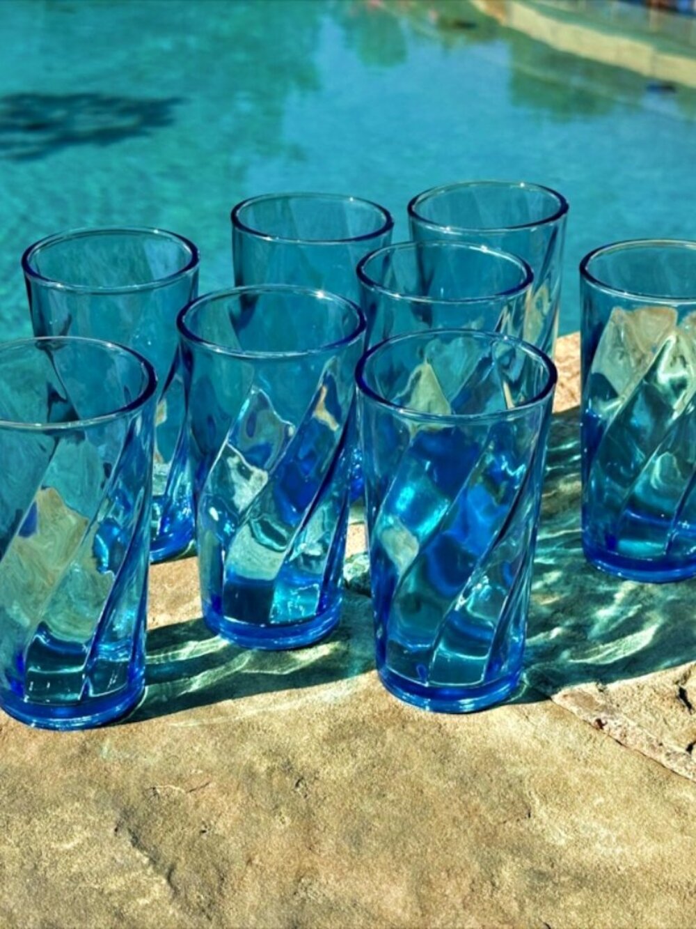 Vintage Libbey Bold Blue Swirl Tumbler Set of 8 Drinking Glasses 12 Oz Retro MCM